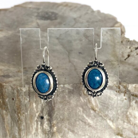 Sterling Silver 925 Oval Blue Denim Lapis Scrollwork Dangle Kidney Wire Earrings - Picture 6 of 16